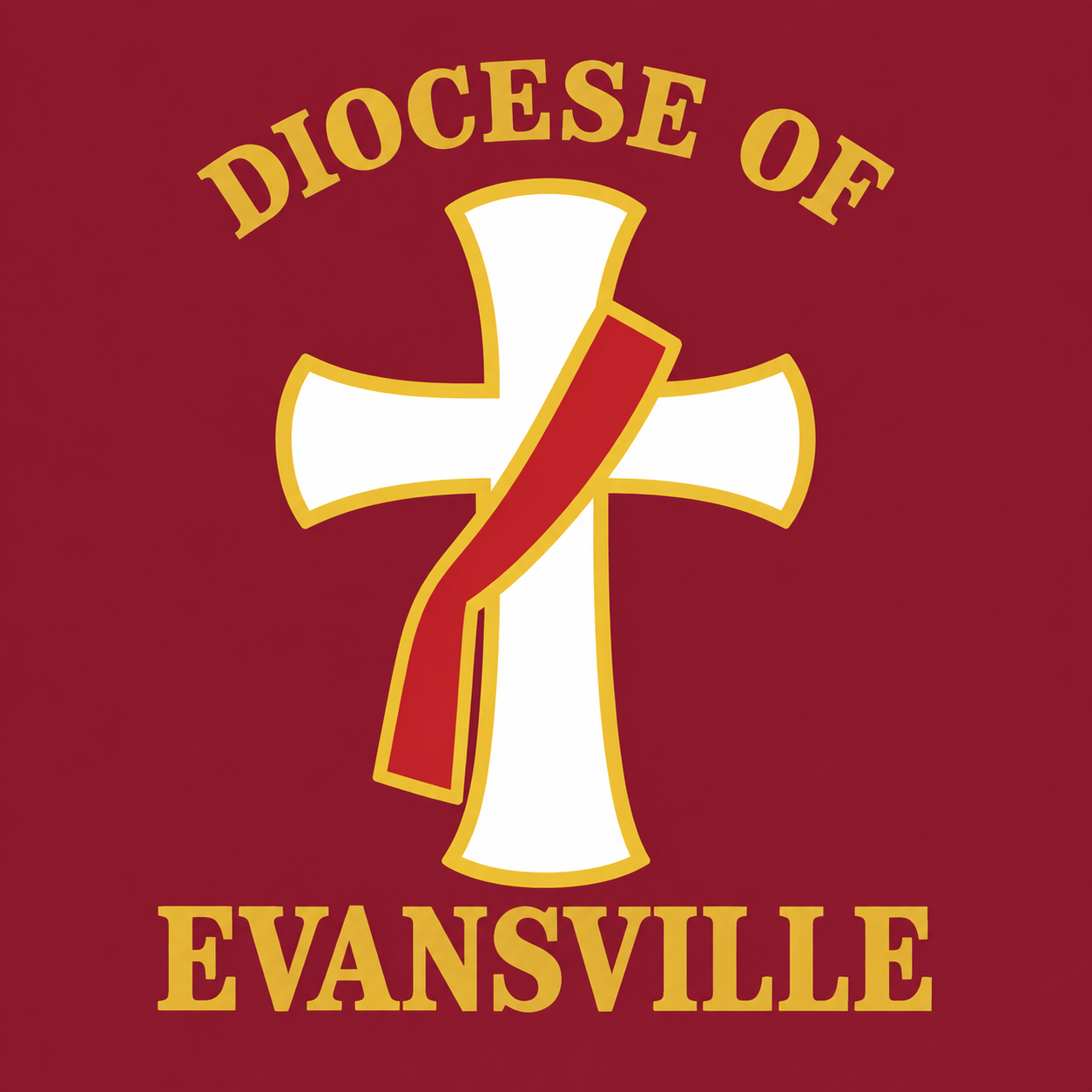 Deacon cross artwork with a red stole, white cross and gold lettering