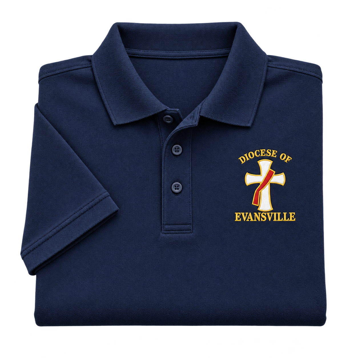 Illustrative polo with a red-stole deacon cross embroidered in gold and white