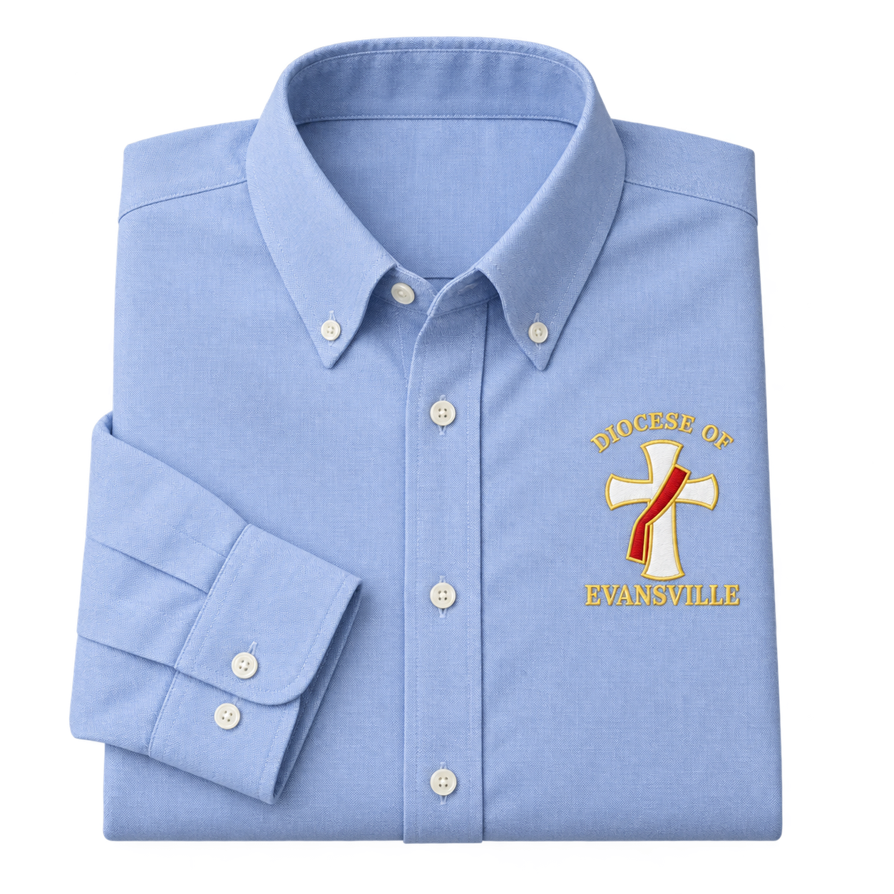 Illustrative button-down shirt with a red-stole deacon cross embroidered in gold and white