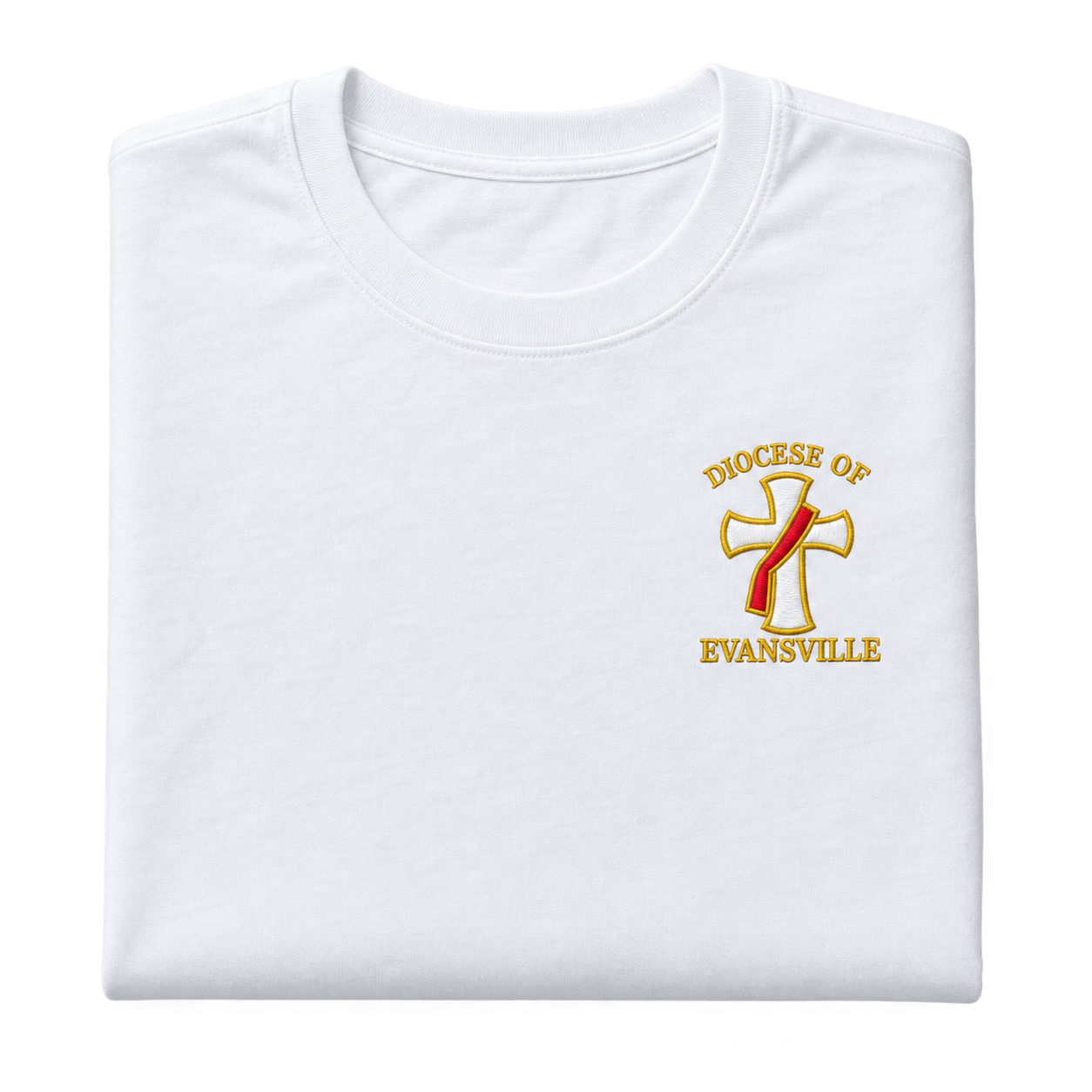 Illustrative t-shirt with a red-stole deacon cross embroidered in gold and white