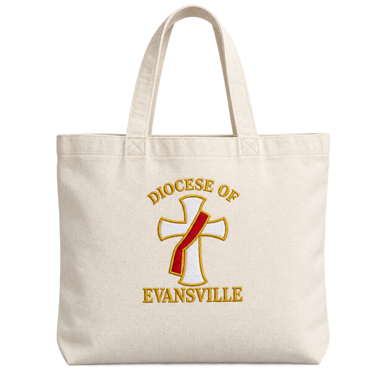 Illustrative tote bag with a red-stole deacon cross embroidered in gold and white